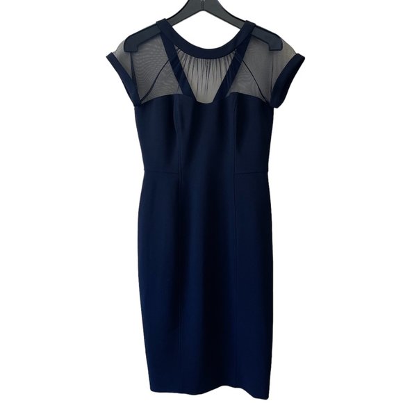 MAGGY LONDON Illusion Yoke Crepe Cocktail Dress in Navy 6 Petite - Picture 2 of 10